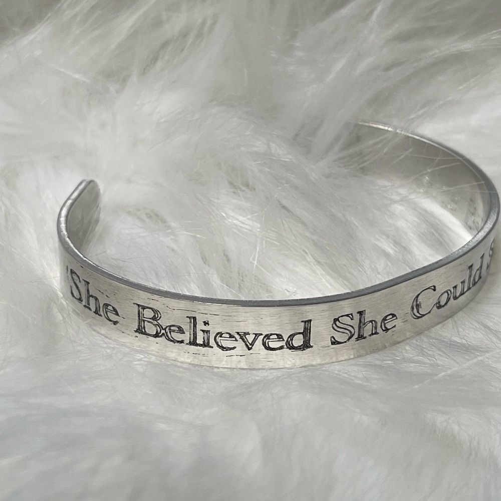 Engraved aluminum cuff bracelet she believed she could so she did‎ cuff b…